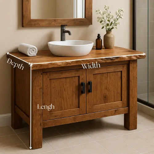 Handcrafted Solid Wood Bathroom Vanity – Live Edge Countertop with Double Door Storage Kitchnce