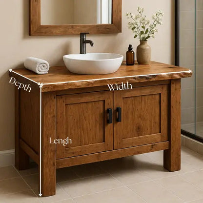 Handcrafted Solid Wood Bathroom Vanity – Live Edge Countertop with Double Door Storage Kitchnce