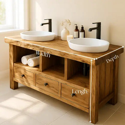Handcrafted Solid Wood Double Sink Bathroom Vanity – Rustic Live Edge Countertop with 3 Drawers & Open Shelves – Farmhouse Design Kitchnce