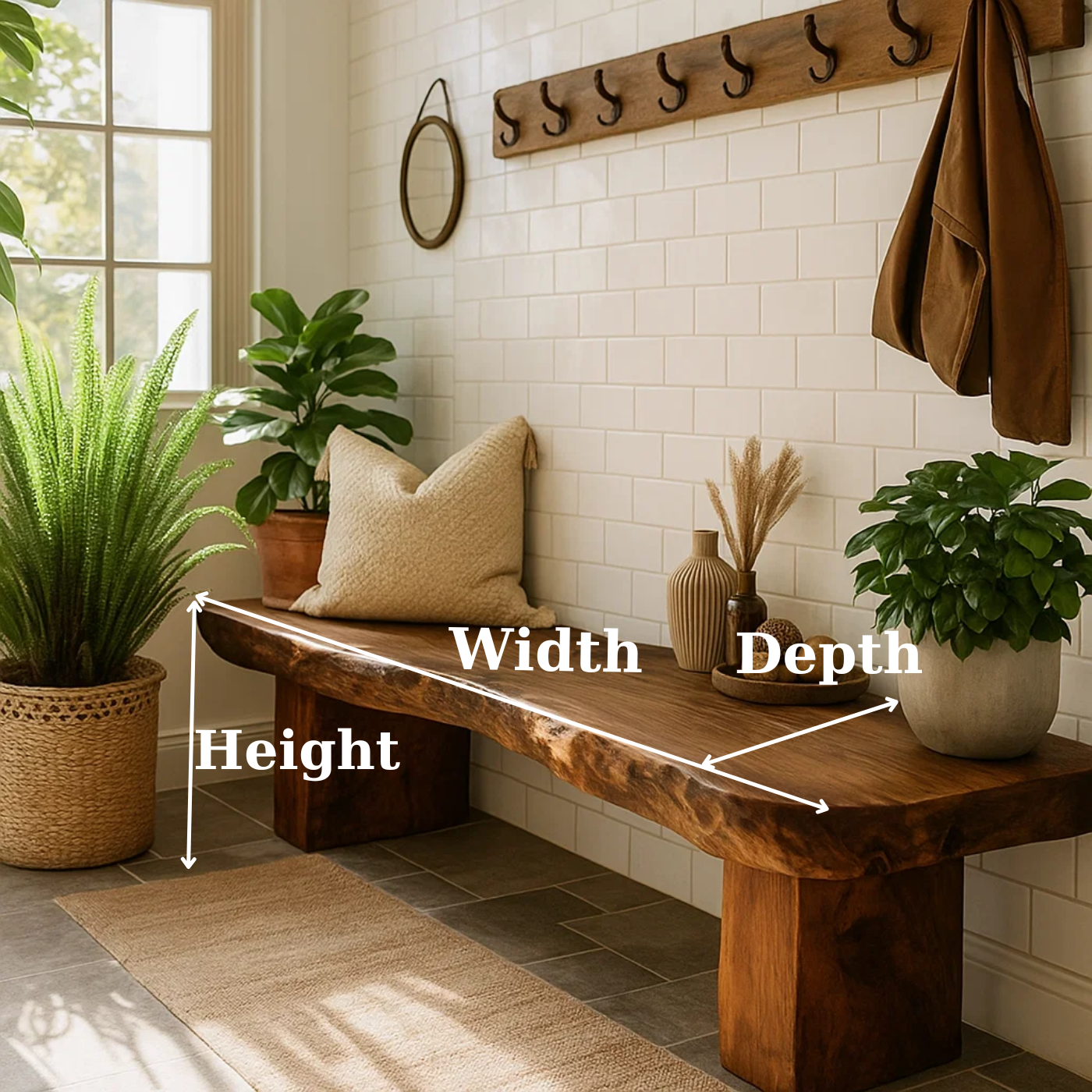 Handcrafted Solid Wood Bench – Rustic Live-Edge Slab Entryway Seating Kitchnce