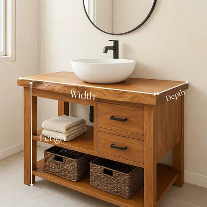 Handcrafted Solid Wood Bathroom Vanity – Live Edge with Drawers & Open Shelf Kitchnce