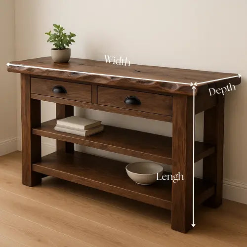 Handcrafted Solid Wood Live Edge Console Table – Walnut Finish with Drawers and Open Shelves Kitchnce