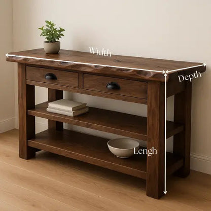 Handcrafted Solid Wood Live Edge Console Table – Walnut Finish with Drawers and Open Shelves Kitchnce