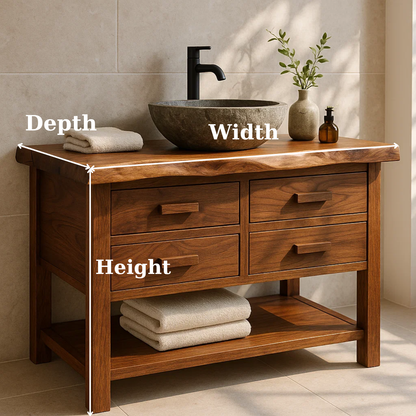 Handcrafted Solid Wood Bathroom Vanity with Live Edge Top and 4 Drawers Kitchnce