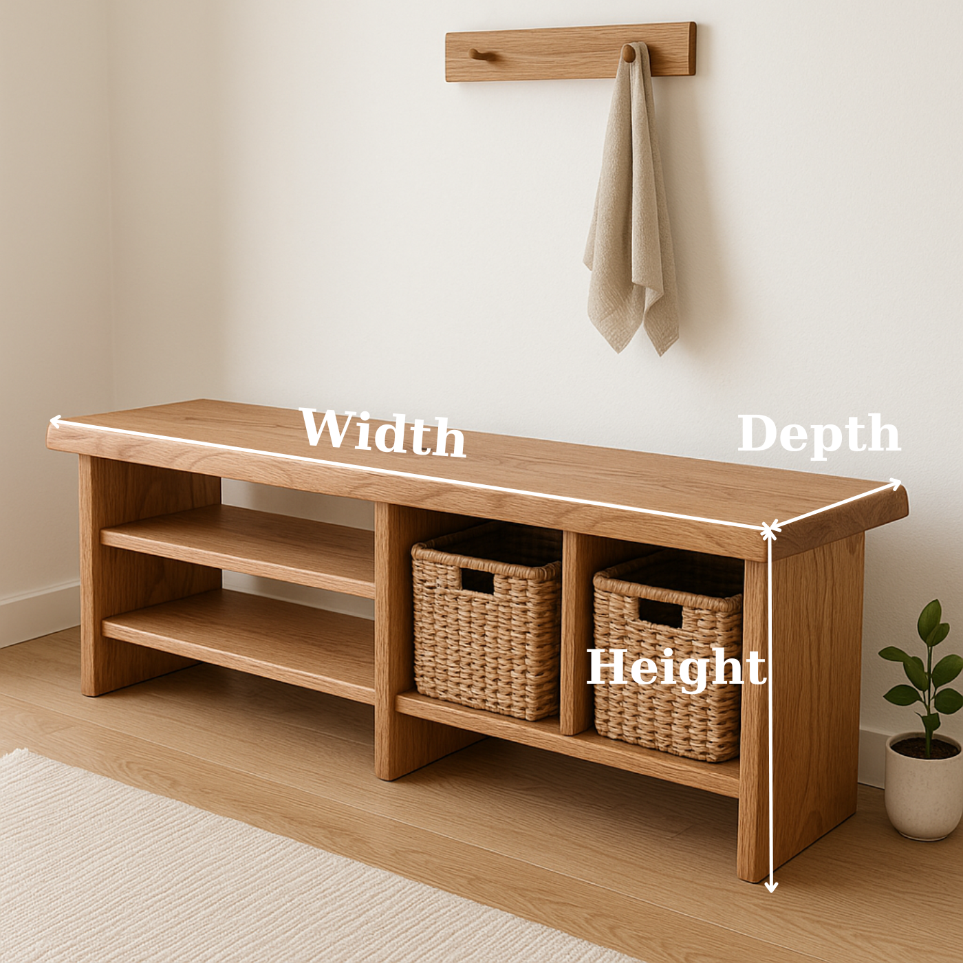 Handcrafted Solid Wood Bench – Minimalist Seating with Open Cubby Organiser Kitchnce