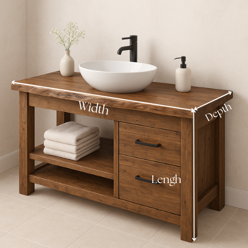 Handcrafted Solid Wood Bathroom Vanity – Rustic Live Edge Countertop with 2 Drawers & Open Shelf – Farmhouse Natural Finish Kitchnce