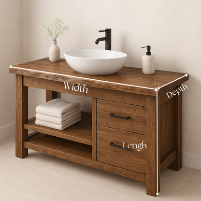 Handcrafted Solid Wood Bathroom Vanity – Rustic Live Edge Countertop with 2 Drawers & Open Shelf – Farmhouse Natural Finish Kitchnce