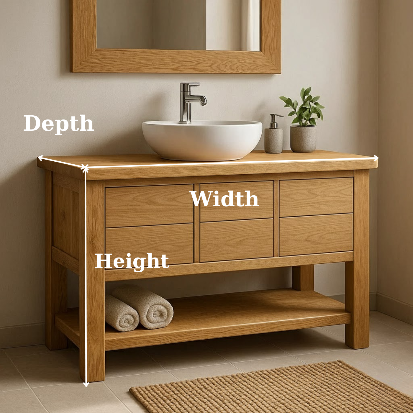 Handcrafted Solid Wood Bathroom Vanity with Oak Finish and Open Shelf Kitchnce