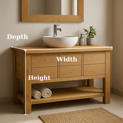 Handcrafted Solid Wood Bathroom Vanity with Oak Finish and Open Shelf Kitchnce
