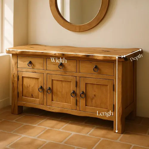 Handcrafted Solid Wood Live Edge Console Table – Rustic Oak with Drawers and Cabinet Doors Kitchnce