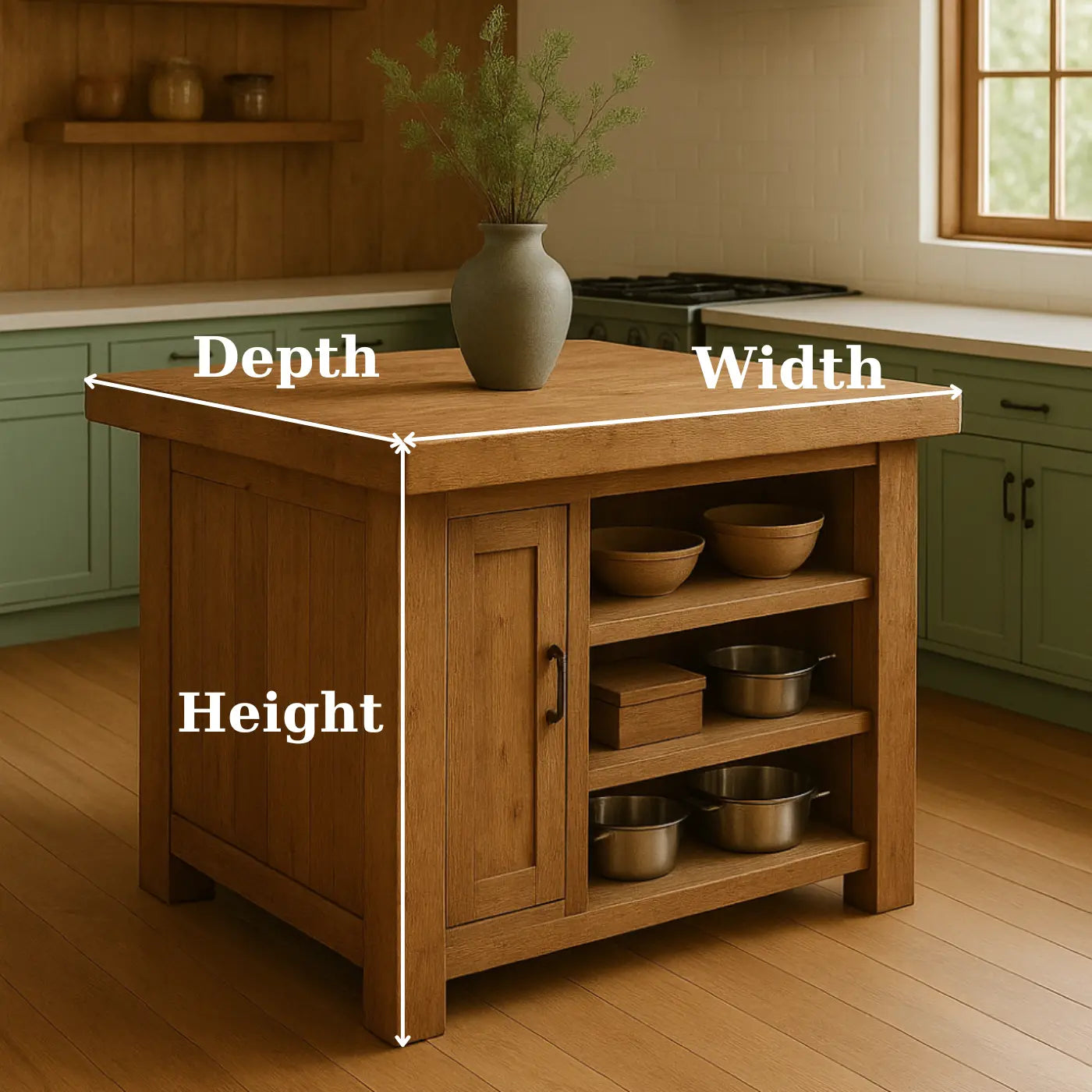 Handcrafted Solid Wood Kitchen Island - Square Shape, Cabinet & Shelves Kitchnce