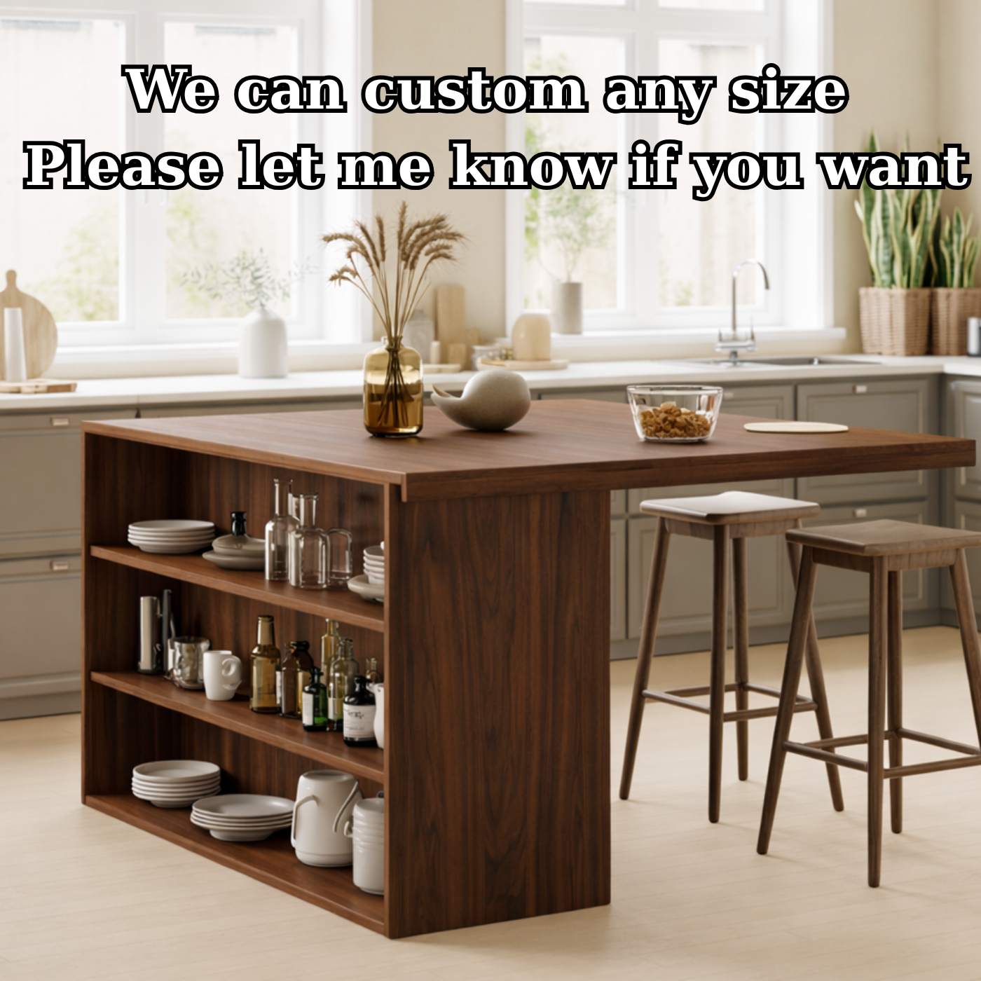 Modern Solid Wood Kitchen Island with Open Storage Shelves