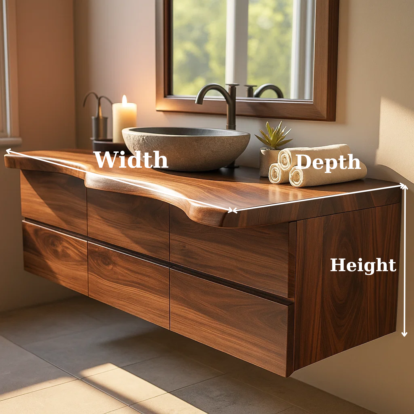 Handcrafted Solid Wood Vanity - Wide Floating Live Edge Cabinet with Drawers Kitchnce