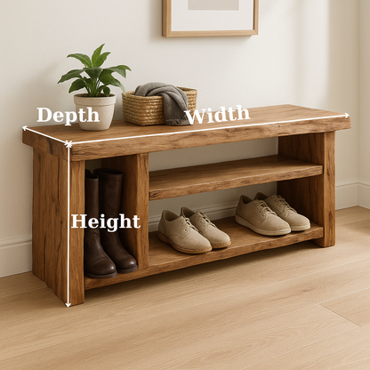 Handcrafted Solid Wood Bench – Natural Rustic Seating and Multi-Tier Storage Kitchnce
