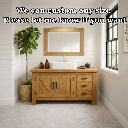 Rustic Farmhouse Solid Wood Bathroom Vanity with Double Barn Doors and Three Side Drawers