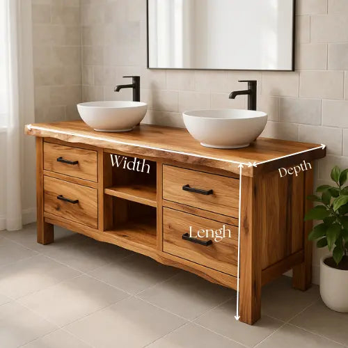 Handcrafted Double Sink Bathroom Vanity – Solid Oak Live Edge Countertop with Drawers & Shelves – Modern Rustic Wood Design for Natural Interiors Kitchnce