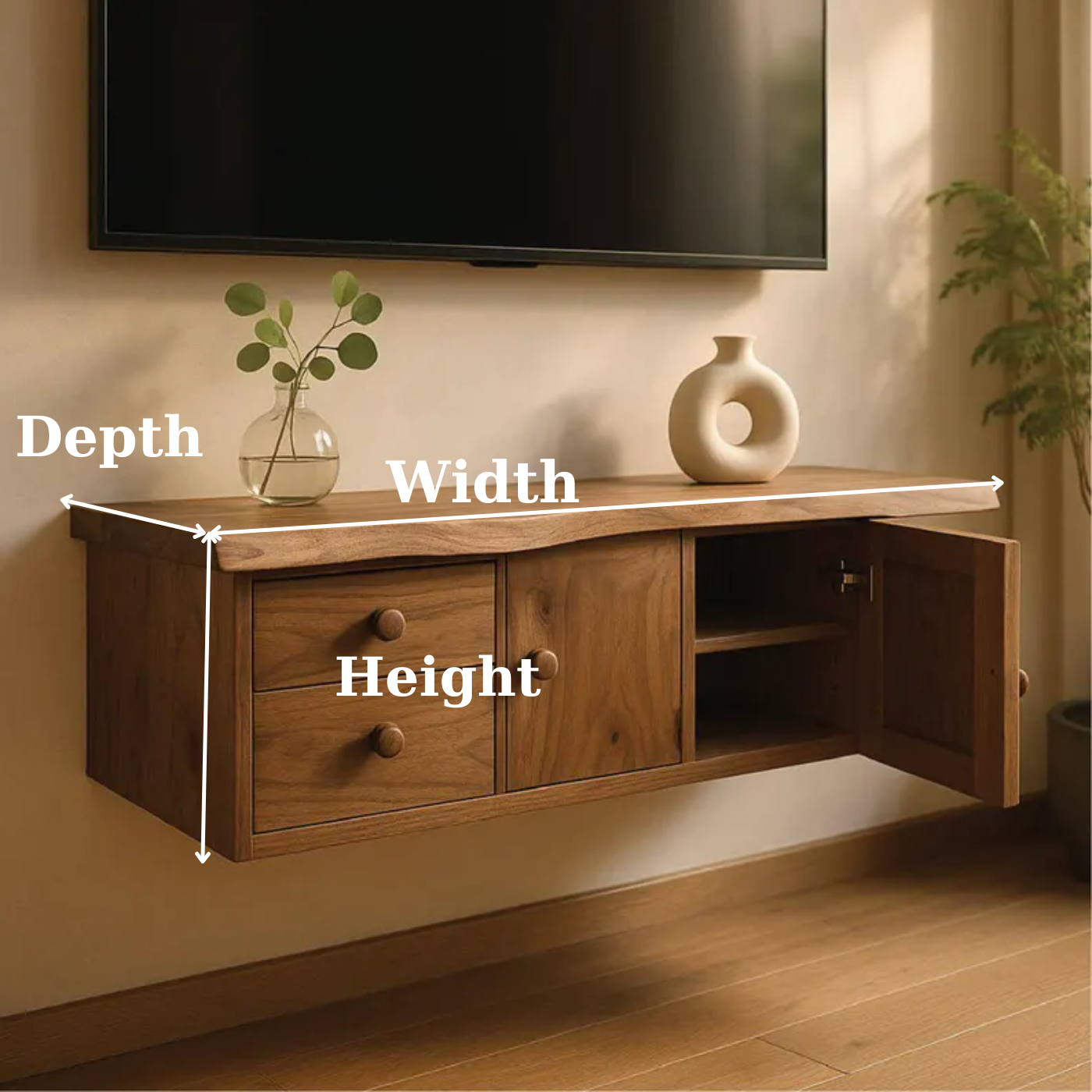 Handcrafted Solid Wood Floating TV Stand, Live Edge Media Console with Cabinet & Drawers Kitchnce