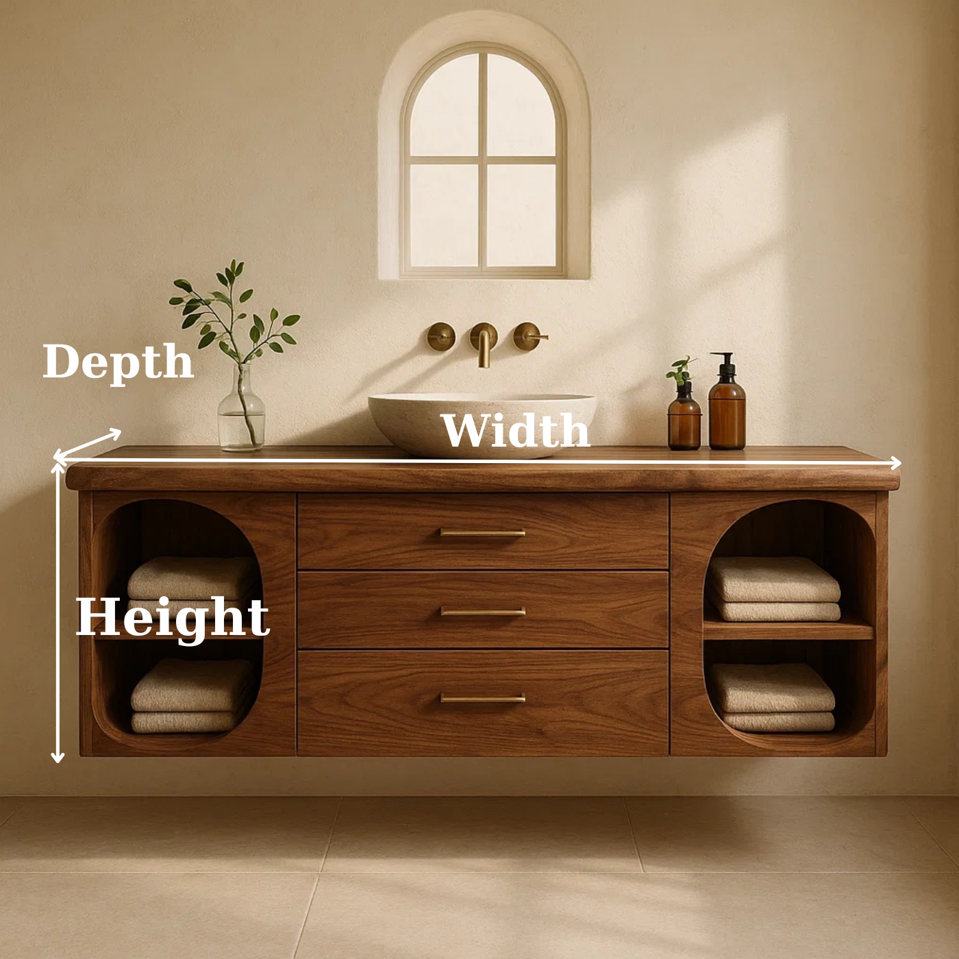 Handcrafted Solid Wood Floating Vanity - Modern Wall-Mounted Cabinet with Arches Kitchnce