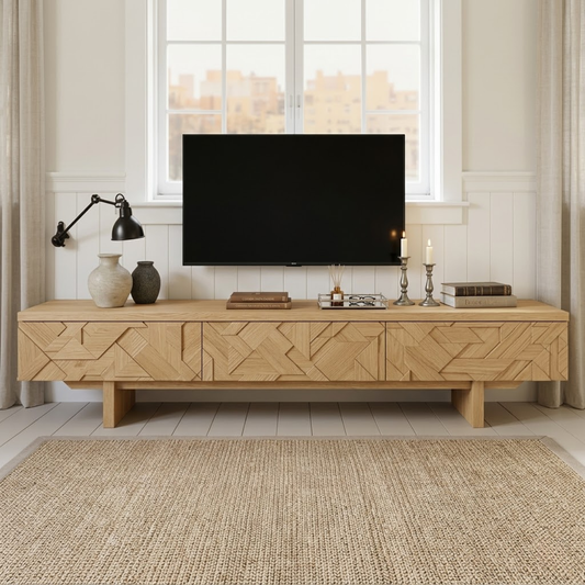 Solid Wood TV Stand with Geometric Doors, Modern Media Console Cabinet