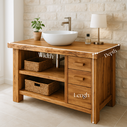 Handcrafted Solid Wood Bathroom Vanity – Rustic Live Edge Countertop with 3 Drawers & Open Shelves – Farmhouse Natural Finish Kitchnce