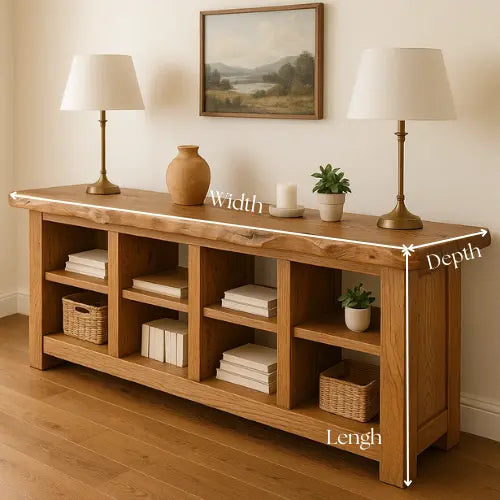 Handcrafted Solid Wood Live Edge Console Table – Rustic Oak with Open Cubby Shelves Kitchnce