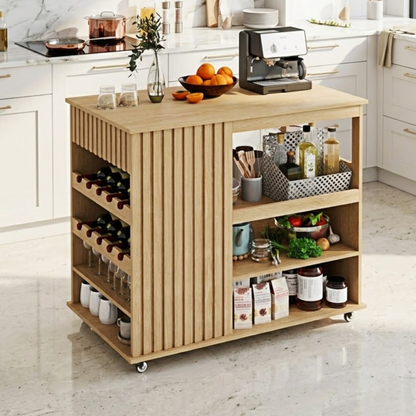 Rolling Kitchen Island with Wine Rack Storage Shelves, Modern Prep Cart for Home Kitchen Use