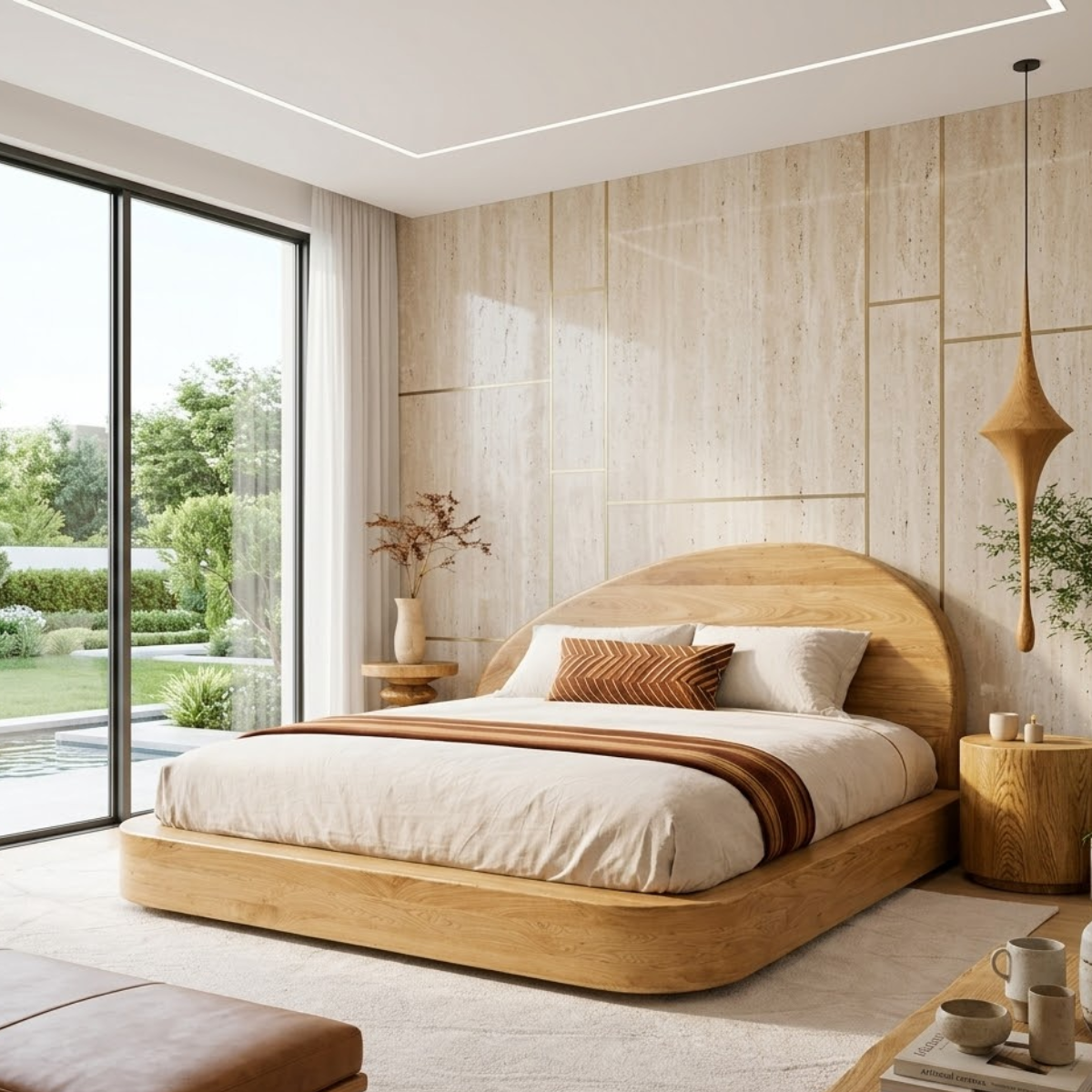 Modern Wooden Bed Frame with Curved Headboard and Platform Design Style