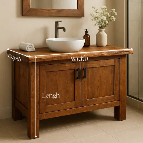 Handcrafted Solid Oak Bathroom Vanity – Live Edge Countertop with Double Doors – Rustic Modern Wood Design for Warm Natural Bathroom Interiors Kitchnce