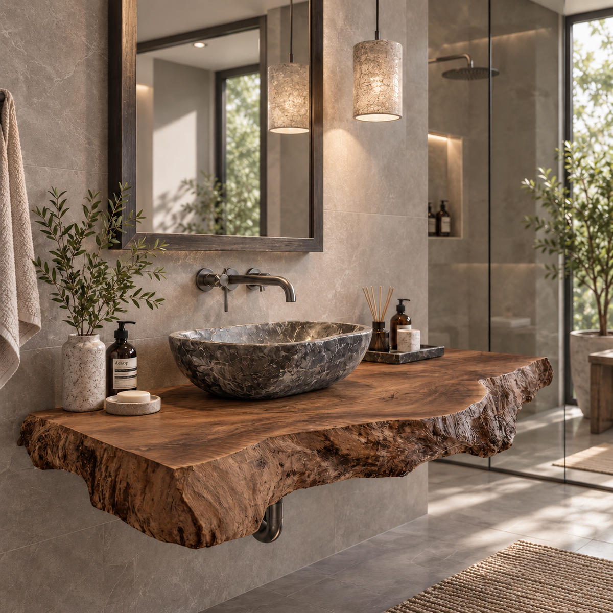 Alderon Live Edge Solid Wood Floating Bathroom Vanity
