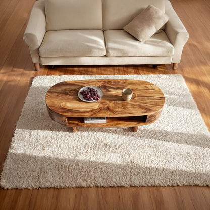 Solid Wood Oval Coffee Table with Shelf  Modern Natural Wood Living Room Table