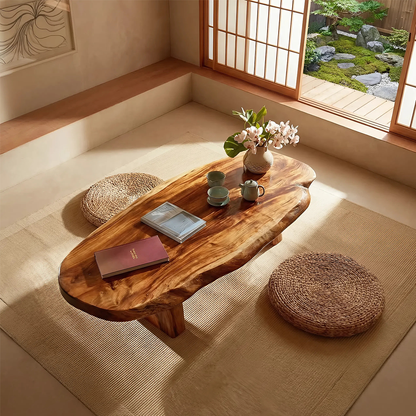 Luxury Solid Wood Coffee Table  Large Oval Natural Wood Living Room Table