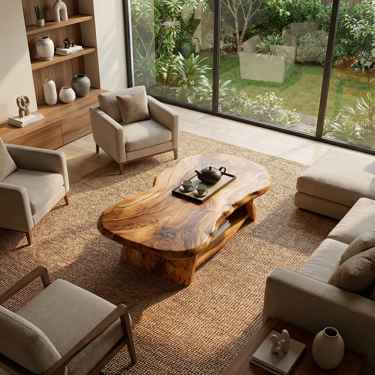 Live Edge Solid Wood Coffee Table Organic Shape Natural Wood Tea Table with Shelf