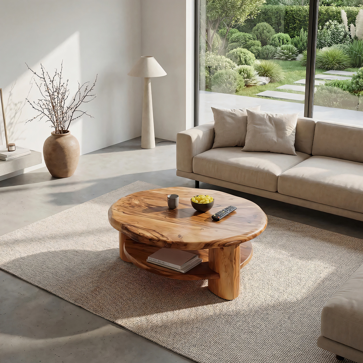 Round Solid Wood Coffee Table with Shelf Handcrafted Natural Wood Living Room Table