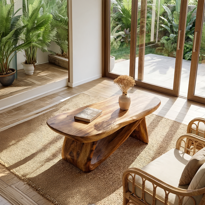 Sculptural Solid Wood Coffee Table Handcrafted Natural Wood Modern Center Table