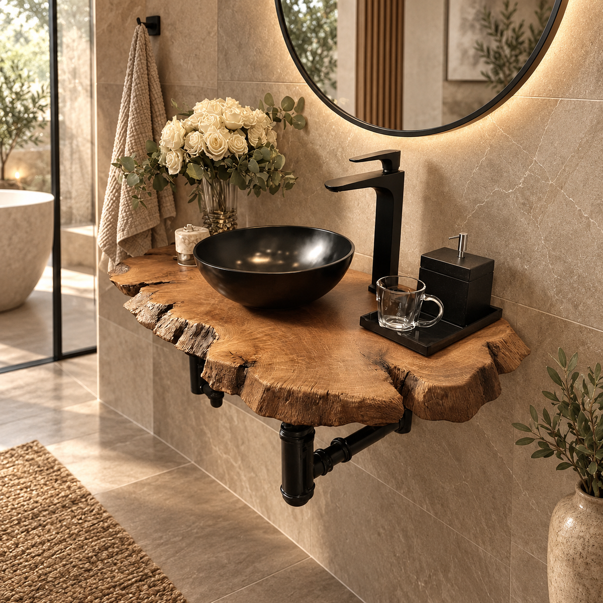 Rivelle Live Edge Solid Wood Corner Bathroom Vanity