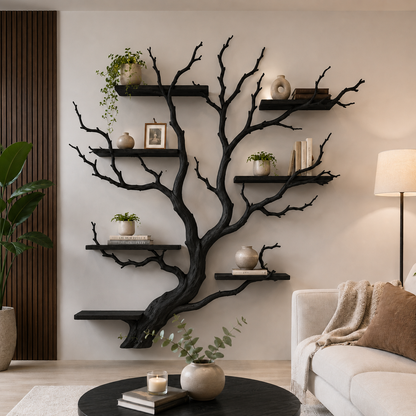 Tree Bookshelf Wall Shelf, Rustic Branch Bookcase, Natural Wood Decor
