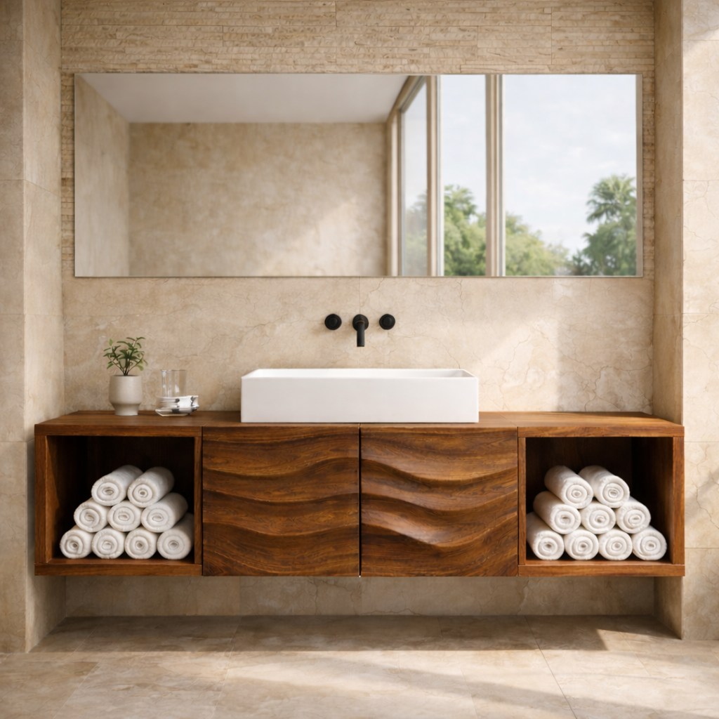 Floating Solid Wood Bathroom Vanity with Wave Textured Doors and Open Shelves