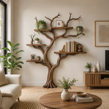 Rustic Solid Wood Tree Bookshelf for Elegant Living Room Storage