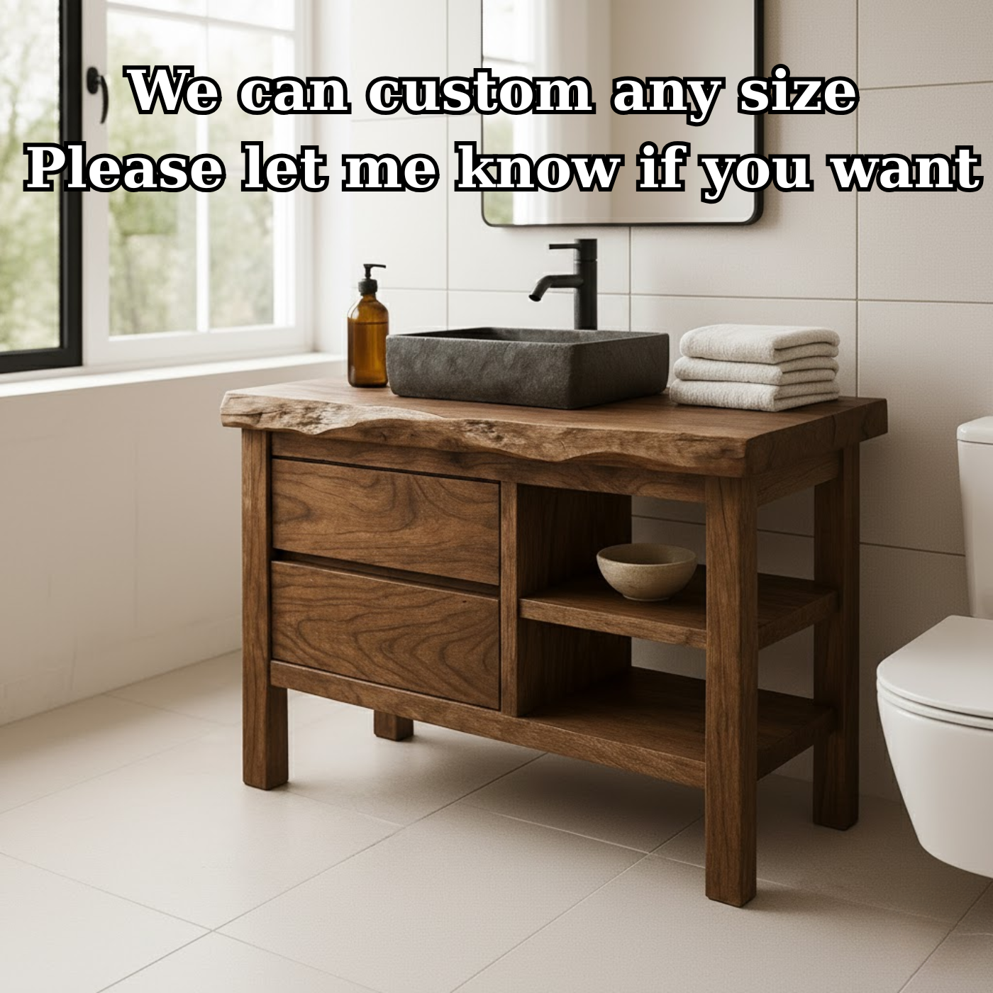 Handcrafted Solid Wood Bathroom Vanity with Live Edge Top and Open Shelf Kitchnce