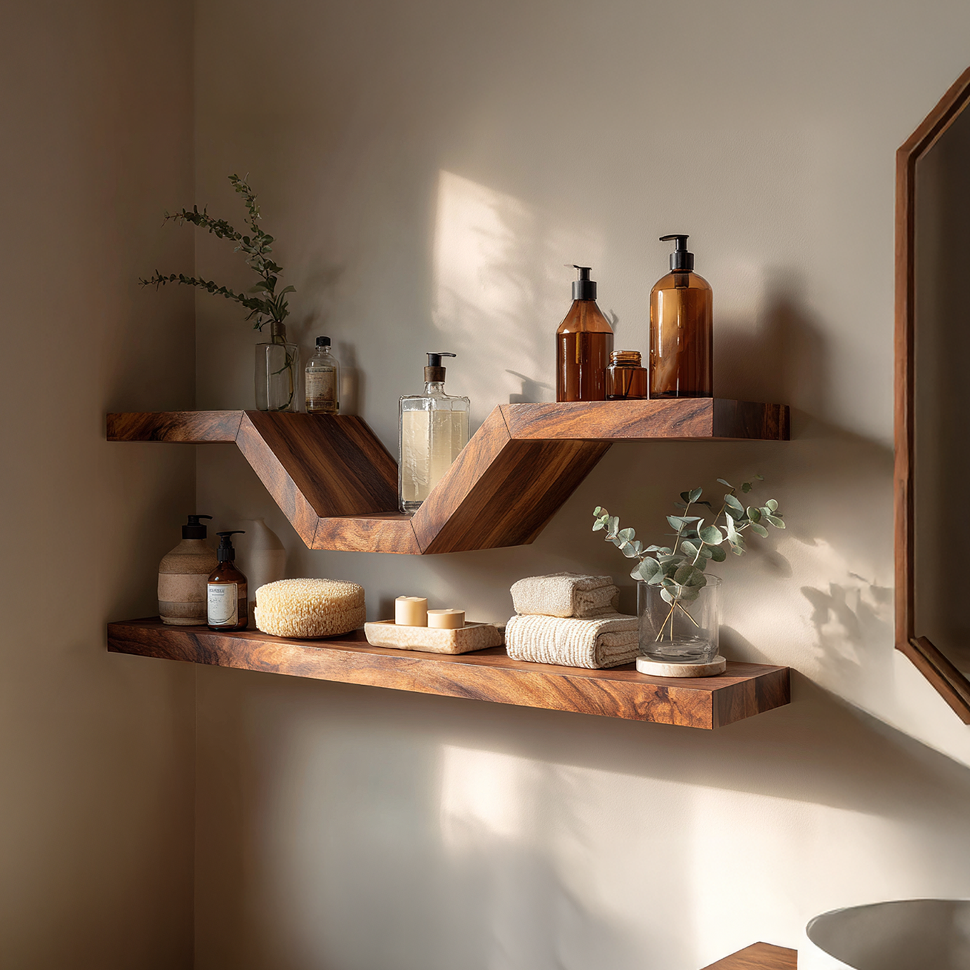 Zigzag Floating Shelf with Geometric Support Wood Design