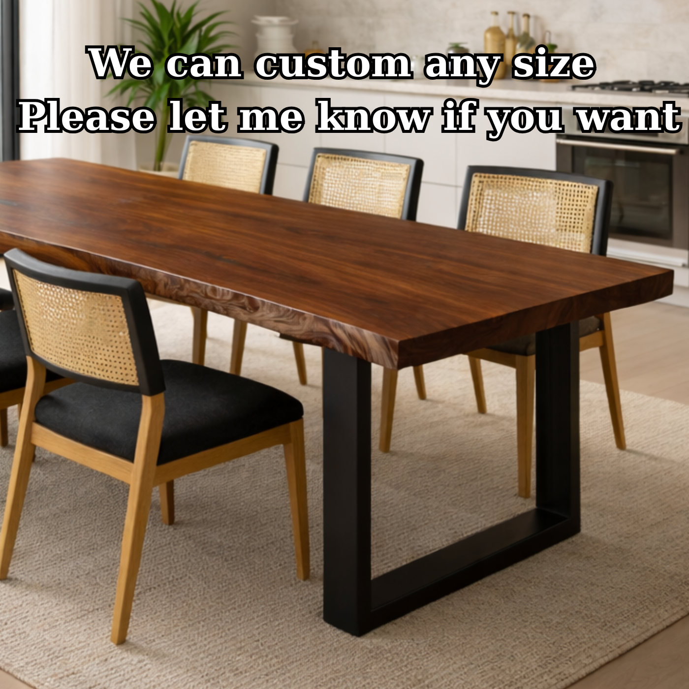 Handcrafted Solid Walnut Dining Table with U-Shaped Steel Base for Minimalist Homes