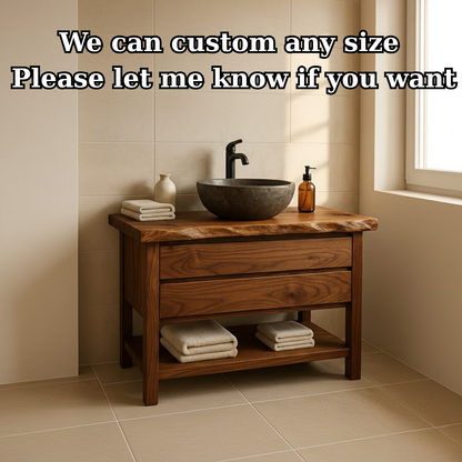 Handcrafted Solid Wood Bathroom Vanity - Live Edge Dark Wood Cabinet & Open Shelf Kitchnce