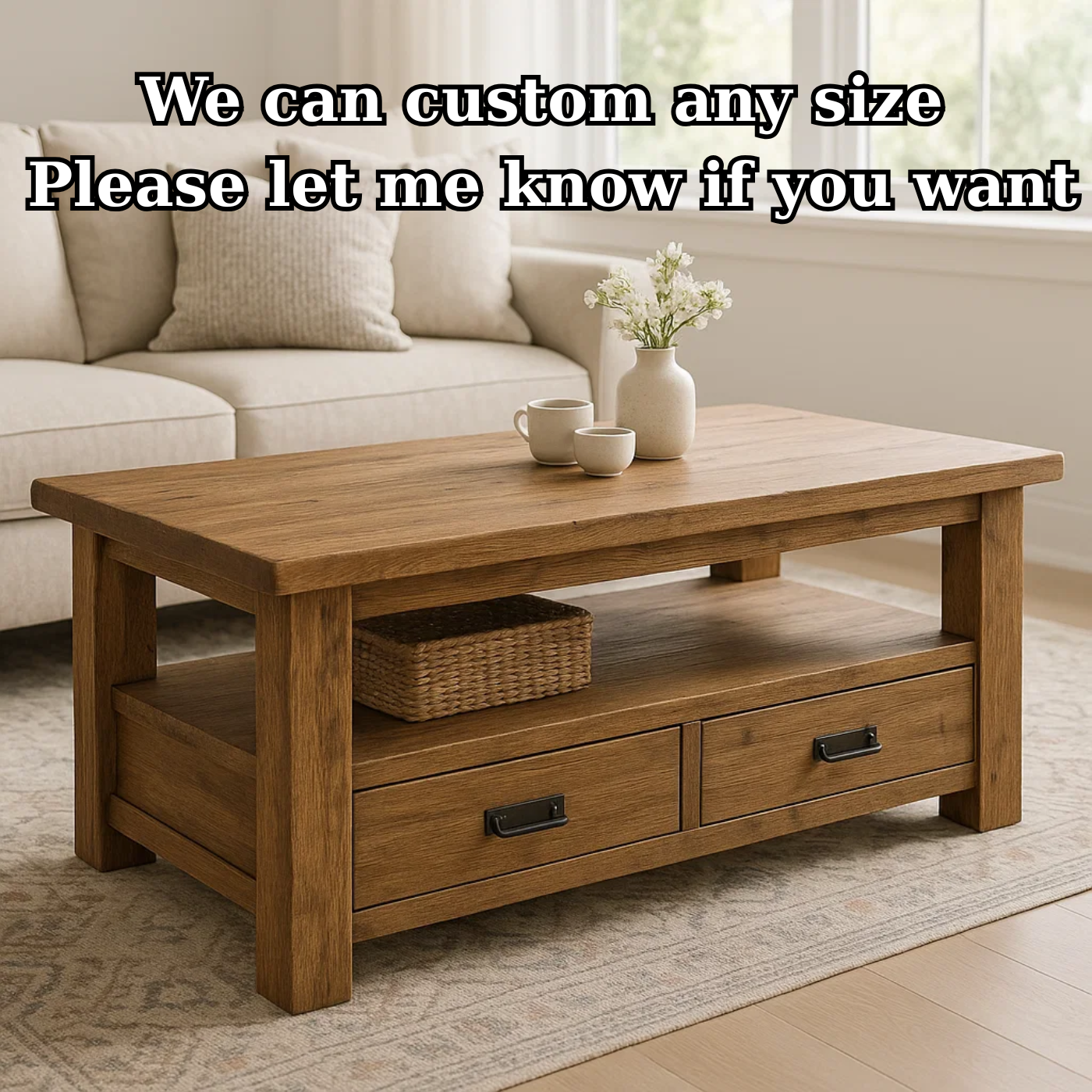 Handcrafted Solid Wood Coffee Table – Rustic Farmhouse Storage with Two Drawers and Shelf Kitchnce