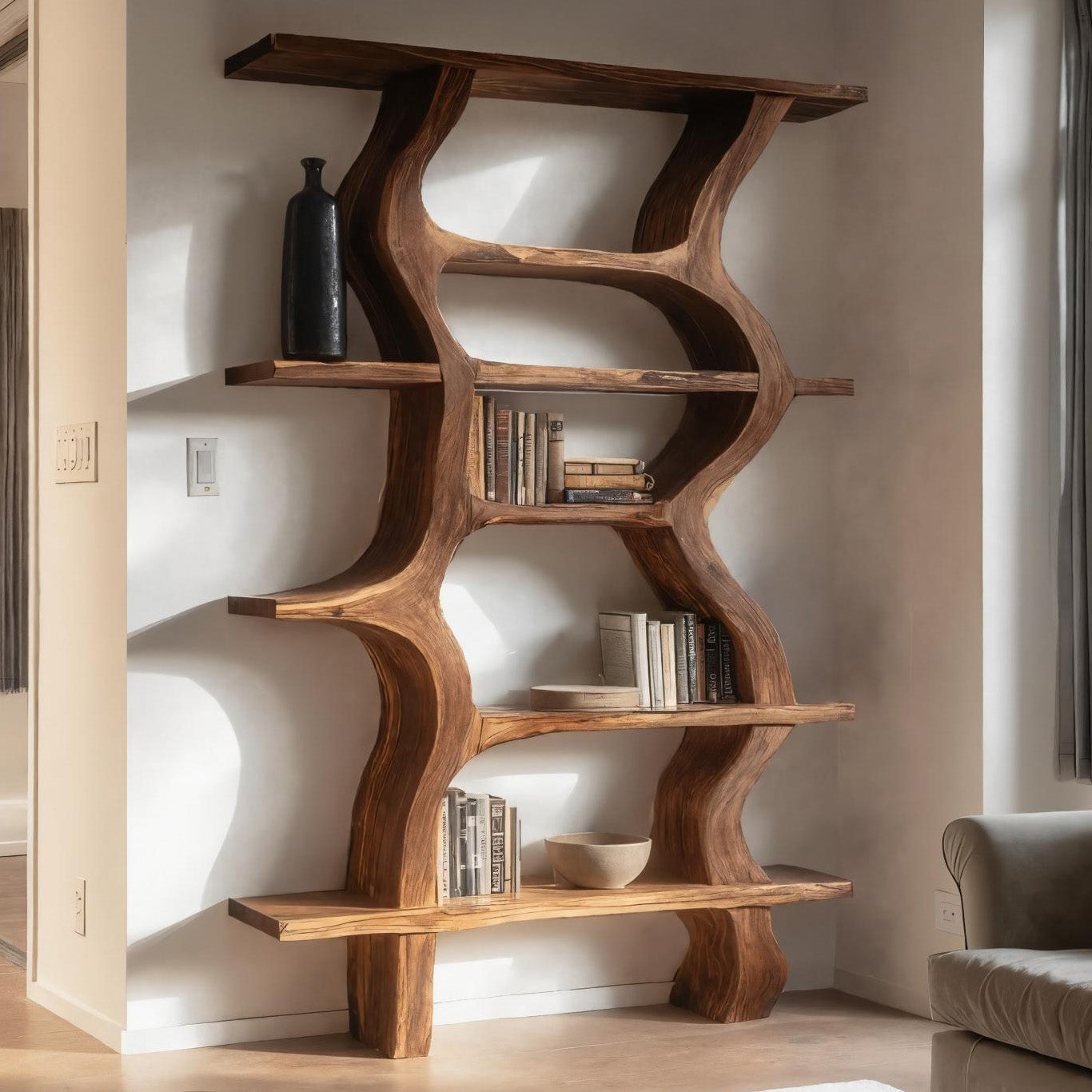 Modern Bookcase With Curved Open Shelf For Living Room Kitchnce