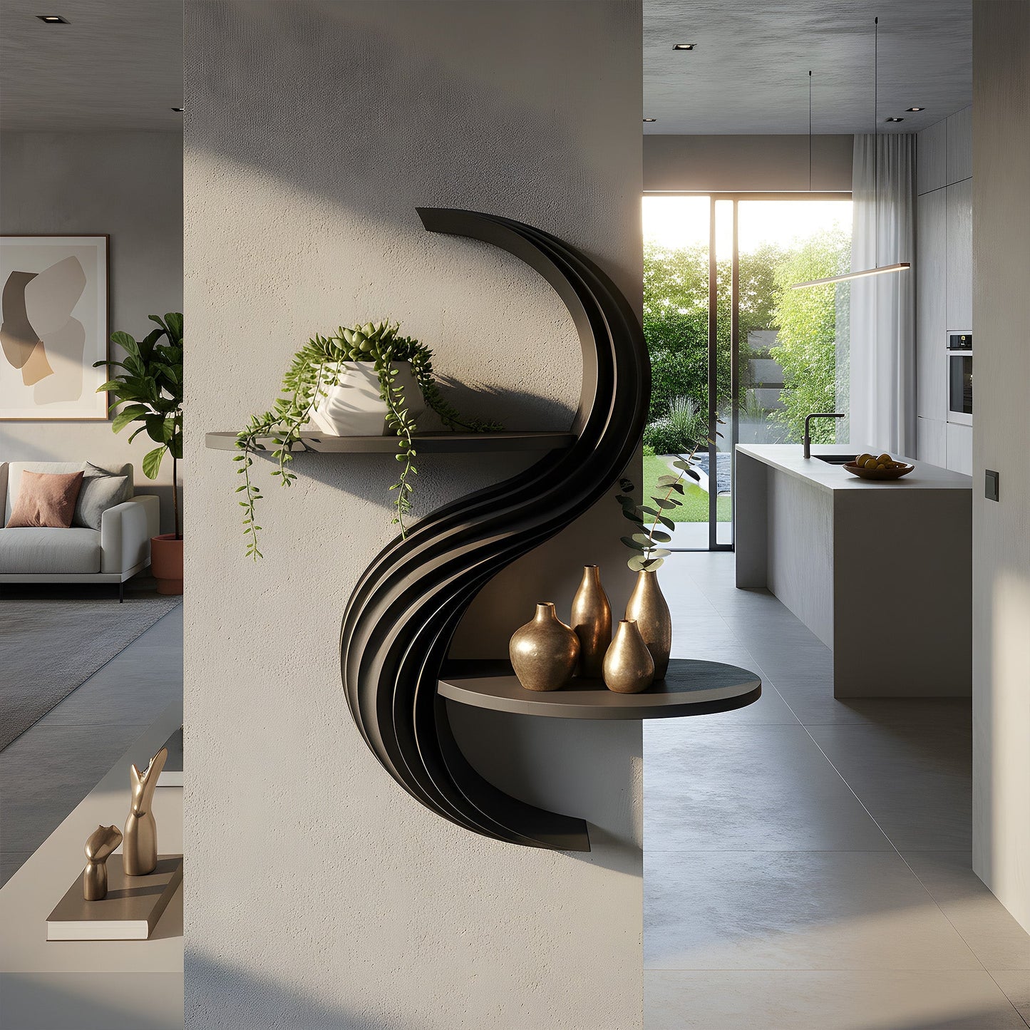 Curved Dual-Tier Floating Wall Shelf with Sculptural Form