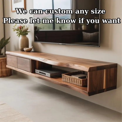 Handcrafted Solid Wood Floating TV Stand, Live Edge Media Console, Wall-Mounted Kitchnce