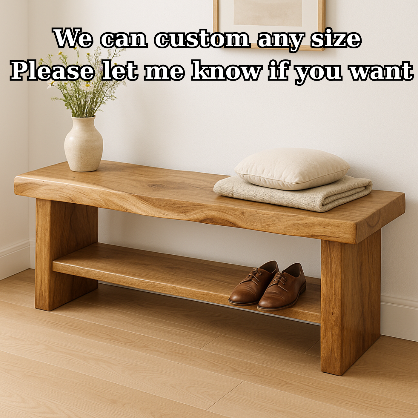 Handcrafted Solid Wood Bench – Live Edge Entryway Seating with Storage Shelf Kitchnce