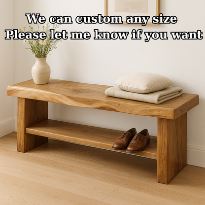 Handcrafted Solid Wood Bench – Live Edge Entryway Seating with Storage Shelf Kitchnce