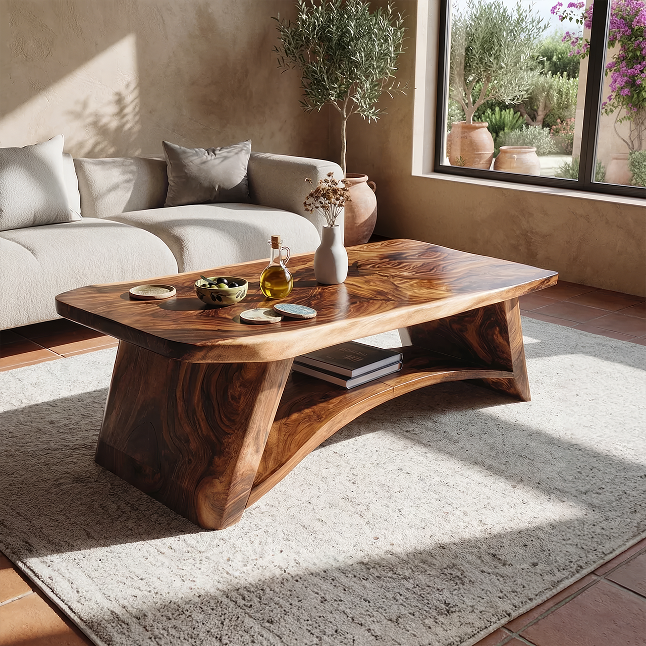 Solid Wood Coffee Table with Arched Base and Organic Edge Top