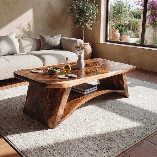 Solid Wood Coffee Table with Arched Base and Organic Edge Top